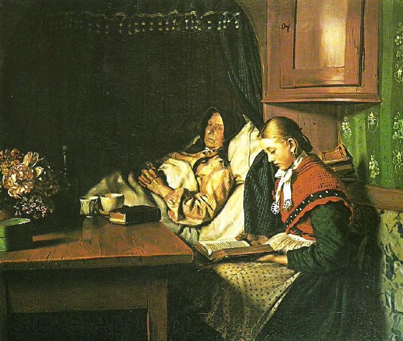 Michael Ancher ved en sygeseng, en ung pige lceser for den gamle kone i alkoven Spain oil painting art